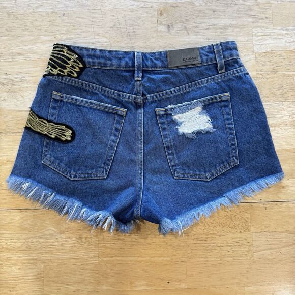 Carmar Denim Jeans Shorts 27 Blue Distressed Eagle Patch Frayed High Rise Y2k - Picture 3 of 13